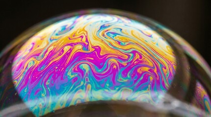 Obraz premium Macro Abstract of a Soap Bubble Surface with Swirling Iridescent Rainbow Colors and Light Interference