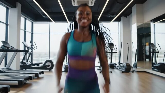 Woman running in gym with cardio machines