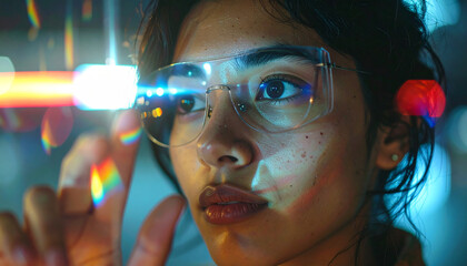 Visionary's Gaze: A focused individual wearing augmented reality glasses, actively interacting with virtual data, showcasing technological advancement and the future of interaction.
