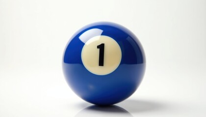 Blue billiard ball number one rests on reflective white surface. Close-up shot of a single pool ball ready for game. Sphere with circular white mark displaying numeral.