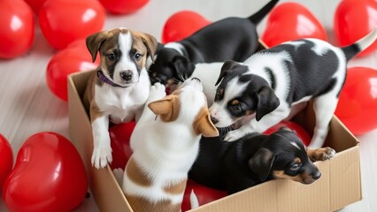 Four puppies playing in a box with red hearts
