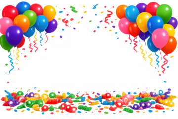 Party balloons, streamers, and confetti creating a festive border for a happy celebration, isolated on a transparent background