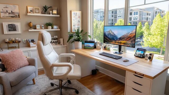 Inviting Office Oasis: A meticulously designed home office setup, blending functionality with a serene ambiance, complete with modern technology, comfortable seating, and inspiring decor.