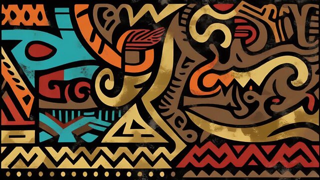 Abstract Tribal Art Pattern with Geometric Shapes and Earth Tones in Warm Golden Brown and Teal Colors