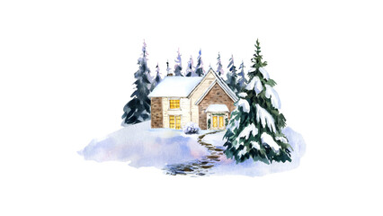 A serene winter scene featuring a house surrounded by snow-covered trees and a winding path viewed from a distance