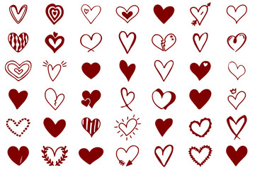 A diverse collection of hand-drawn and solid red heart shapes perfect for various design projects and romantic themes