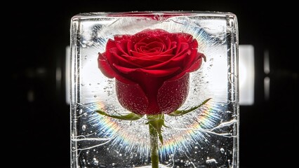 Single rose in ice cube