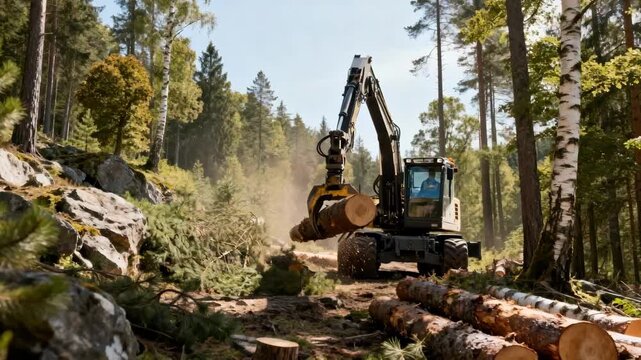 Medium shot focusing on a tree harvester maneuvering through uneven terrain skillfully handling multiple tree types for optimized yield in varied forest conditions.