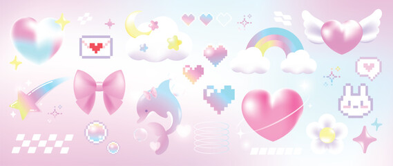 Fototapeta na wymiar Happy valentine's Day Blurred Y2K gradient element vector set. Trendy shape, heart, flower, pixel art, bubble, cloud, shooting star, lover letter. Abstract y2k illustration for print, card, decor.