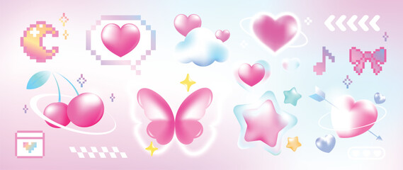 Fototapeta na wymiar Happy valentine's Day Blurred Y2K gradient element vector set. Trendy shape, moon, star, cherry, butterfly, bubble, pixel art, cloud, speech bubble. Abstract y2k illustration for print, card, decor.