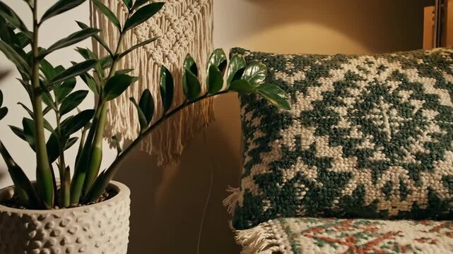 Indoor Still Life Of A Zamioculcas Plant And Decorative Cushion With Macrame Wall Hanging