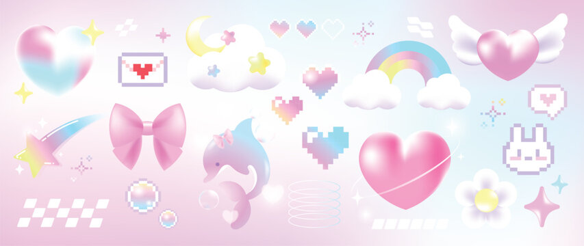 Happy valentine's Day Blurred Y2K gradient element vector set. Trendy shape, heart, flower, pixel art, bubble, cloud, shooting star, lover letter. Abstract y2k illustration for print, card, decor.