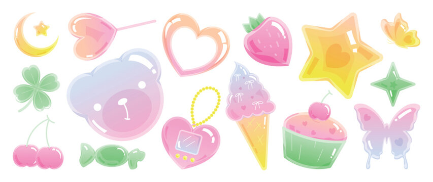 Happy valentine's Day Y2K gradient element vector set. Glossy shape, star, cupcake, bear, cherry, ice cream, butterfly, clover, moon, heart, candy. Abstract y2k illustration for print, card, decor.