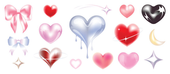 Happy valentine's Day Y2K blurred gradient element vector set. Trendy heart shaped, metallic, melting heart, moon, shooting star, sparkle, ribbon. Futuristic y2k illustration for print, card, decor. © TWINS DESIGN STUDIO