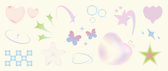 Happy valentine's Day Y2K blurred gradient element vector set. Trendy shapes, heart, bubble, pixel art, shooting star, butterfly, flower Abstract y2k illustration for print, card, decor. © TWINS DESIGN STUDIO