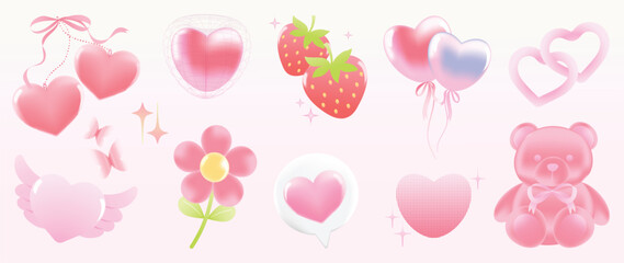 Happy valentine's Day Y2K blurred gradient element vector set. Trendy shapes, heart keychain, teddy bear, flower, strawberry, balloon, butterfly, pixel art. Abstract y2k illustration for print, card.