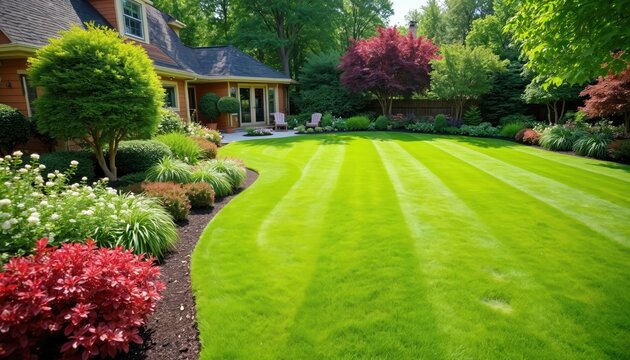 Manicured lawn stretches towards suburban house with colorful flowering shrubs, trees. Rich green grass, neatly trimmed hedges, vibrant plants adorn beautiful garden space. Outdoor living area with