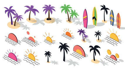 Tropical beach vibes with palm trees, surfboards, and sunsets in flat style