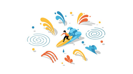 Obraz premium Colorful isometric surfer riding waves with abstract splash elements