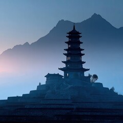 Pagoda atop terraced hill, mountains in misty background
