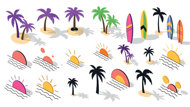 Tropical beach vibes with palm trees, surfboards, and sunsets in flat style