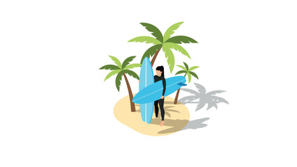 Isometric beach scene with surfer and palm trees