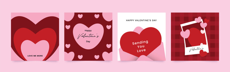 Happy Valentine's day love square cover vector set. Red and pink romantic symbol with hearts, envelope, polaroid. Love illustration for greeting card, web banner, package, cover. © TWINS DESIGN STUDIO
