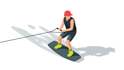 Isometric wakeboarding: athletic man in red cap and neon boots on board