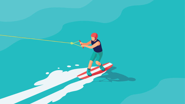 Flat design water sports adventure with wakeboarder on turquoise waves