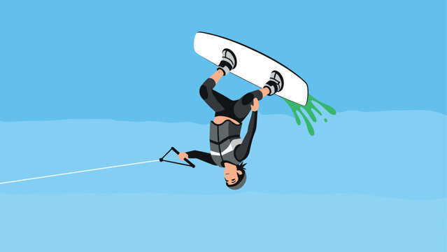 Energetic wakeboarder performing an aerial flip against a clear blue sky