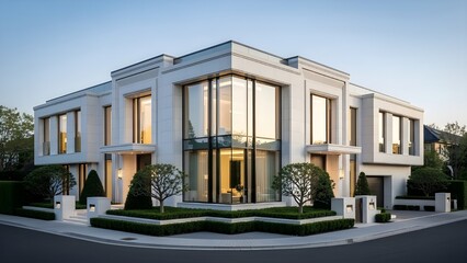 Upscale contemporary house with large terrace, manicured lawn, and premium exterior materials