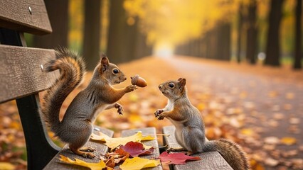 Squirrels sharing a meal in autumn