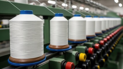 Spools of white thread on a textile manufacturing machine
