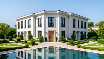 Luxury residential villa featuring swimming pool, symmetrical facade, and refined modern architecture