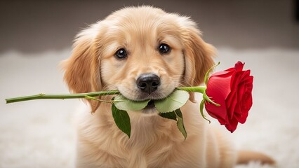 Cute puppy holding a rose