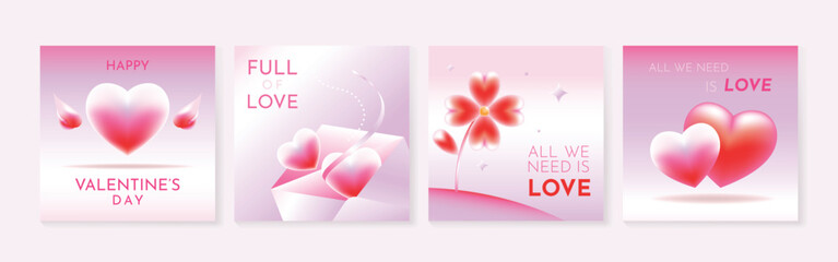 Happy Valentine's day love square cover vector set. Pink and red glossy hearts with sparkle, heart wing, flower, envelope. Love illustration for greeting card, web banner, package, cover. © TWINS DESIGN STUDIO