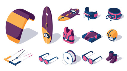 Isometric kite surfing gear collection featuring boards, goggles, and safety equipment