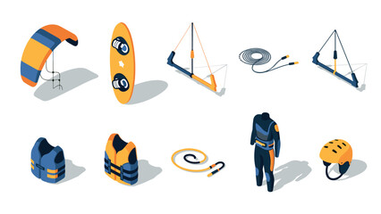 Isometric kiteboarding equipment set: boards, safety gear, and accessories for water sports enthusiasts