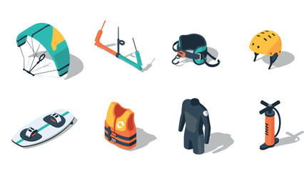 Isometric kiteboarding equipment set: kite, board, and safety gear