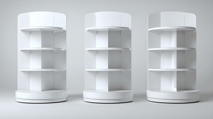 white round pos poi cardboard floor display rack for supermarket blank empty displays with shelves products on white background isolated ready for your design product packing.