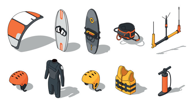 Isometric kitesurfing gear collection with equipment and accessories in modern design