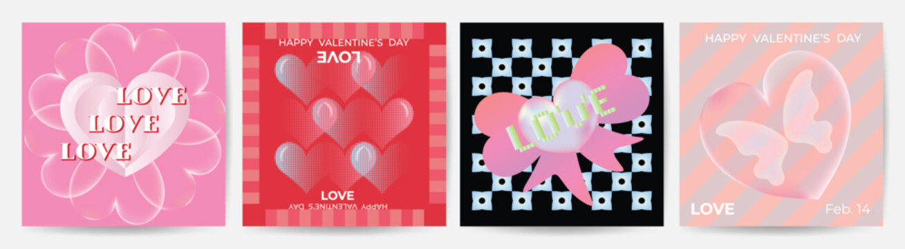 Happy Valentine's day love square cover vector set. Pink glossy hearts with halftone heart, butterfly, ribbon. Love illustration for greeting card, web banner, package, cover.