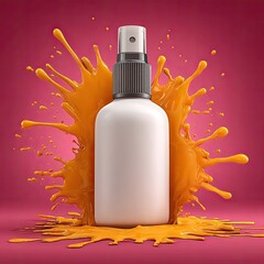 White bottle surrounded by orange liquid splash