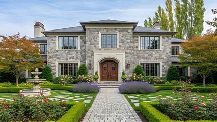 Elegant luxury mansion with classical inspired facade, symmetrical garden, and refined residential architecture