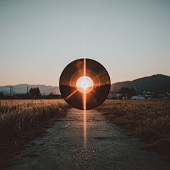Vinyl record floats over rural path at sunset