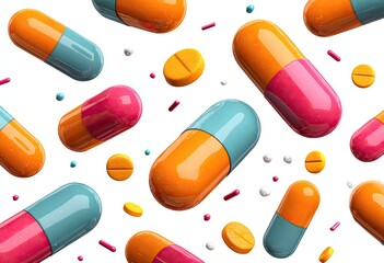 Colorful capsules and tablets floating against a white backdrop