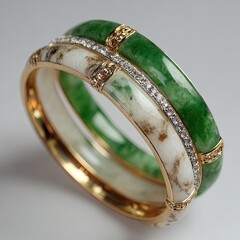 Two elegant bangles green jade & marble gold, gem-studded