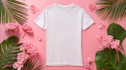 White T-Shirt Mockup with Tropical Leaves and Pink Flowers on Pink Background.