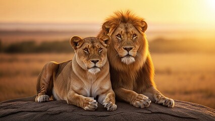 Lions resting together at sunset
