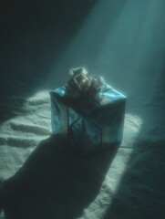 Gift, light ray. Silver wrapping, sandy surface